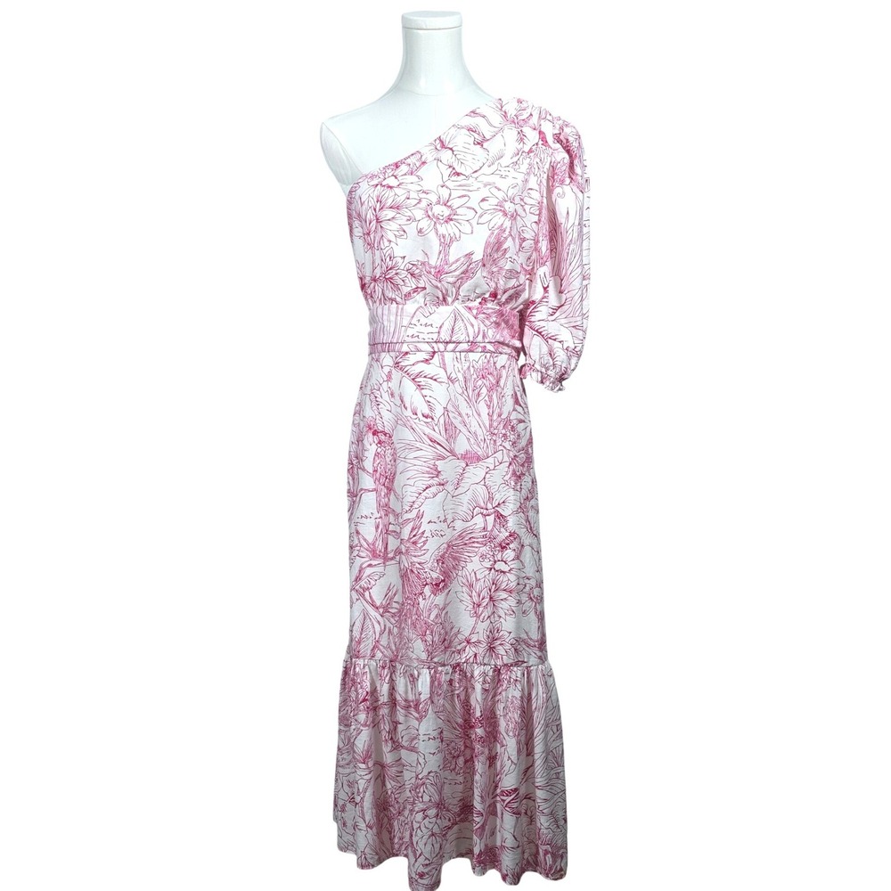 Express One Shoulder Midi Dress Womens Medium Pink White Tropical Floral Ruffle - Picture 3 of 9